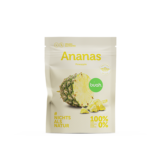 Zwei buah Ananas Snackpack nebeneinander mit Vorder- und Rueckansicht der Packung