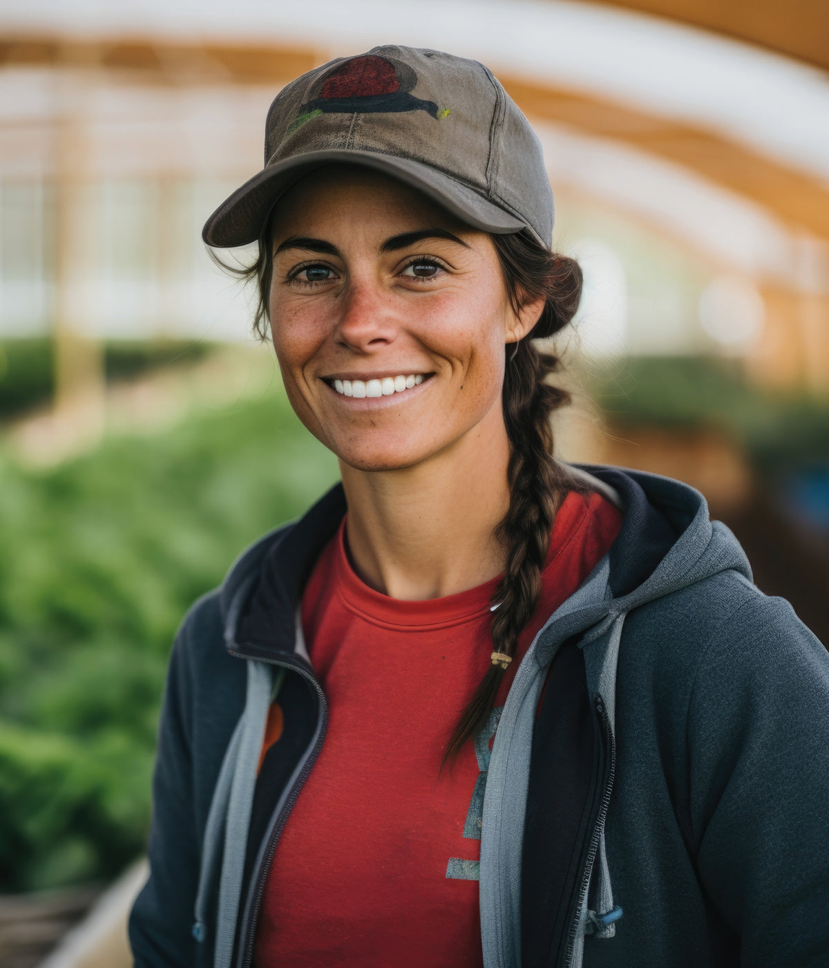 Farmerin mit blauer Jacke und Zopf lacht in die Kamera