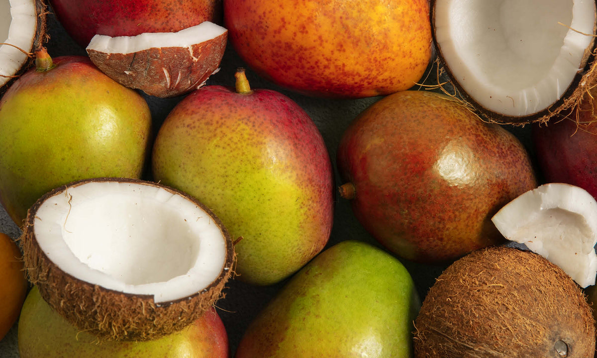 Viele frische Mangos und halbierte Kokosnuesse neben und aufeinander