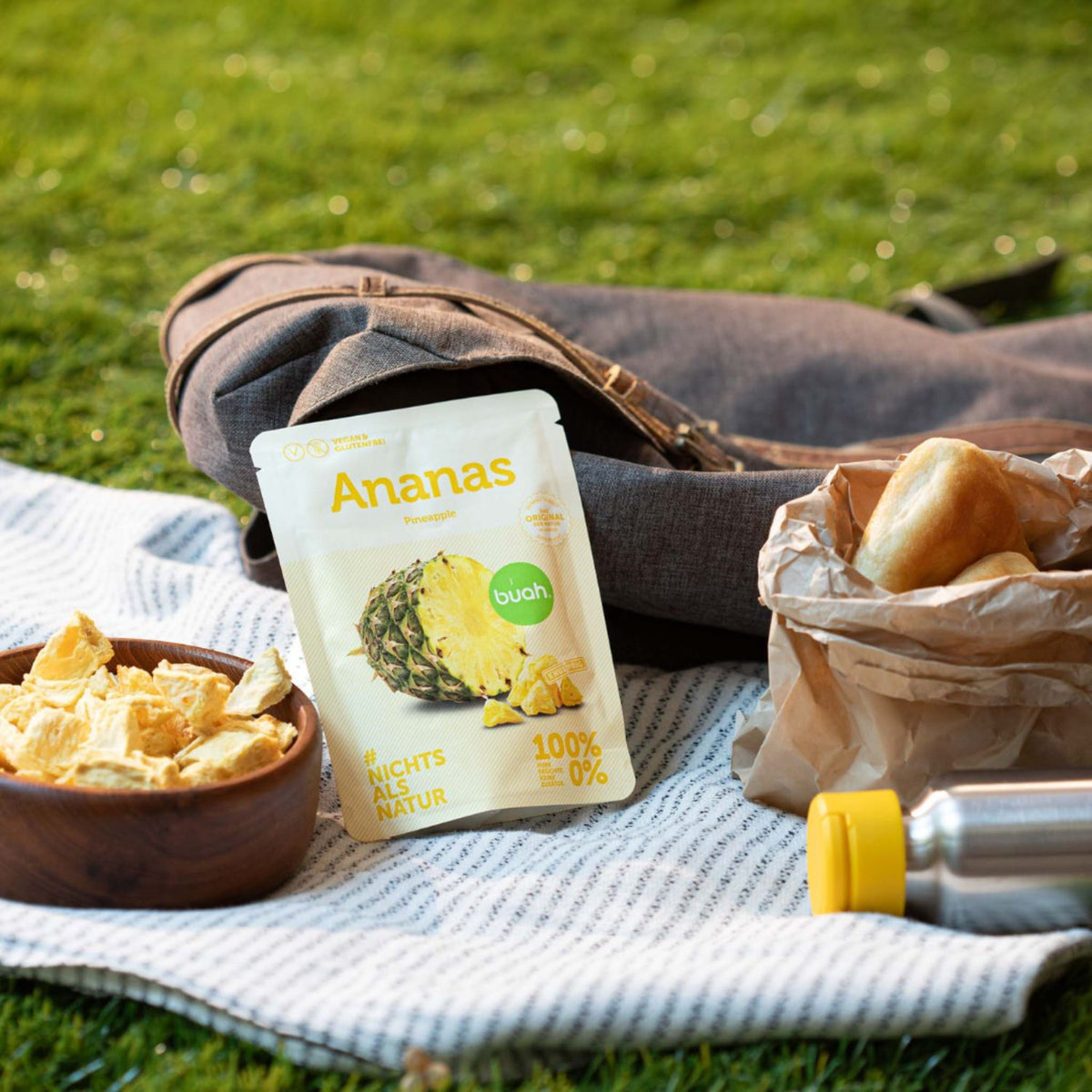 buah Snackpack Ananas liegt auf einer Picknick-Decke angelehnt an einen Rucksack neben einer Schale voll mit gefriergetrockneter Ananas