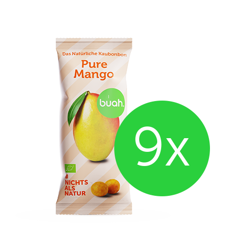 buah Mango Kaubonbon Packung vor pastell-farbigem Hintergrund