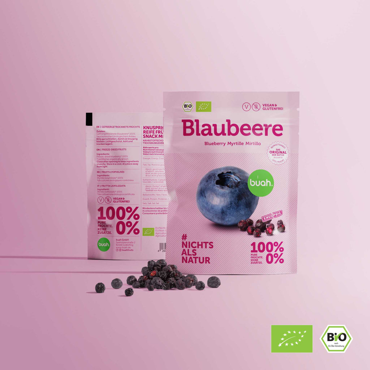 buah Snackpack Blaubeere mit Bio Auszeichnung vor rosa Hintergrund