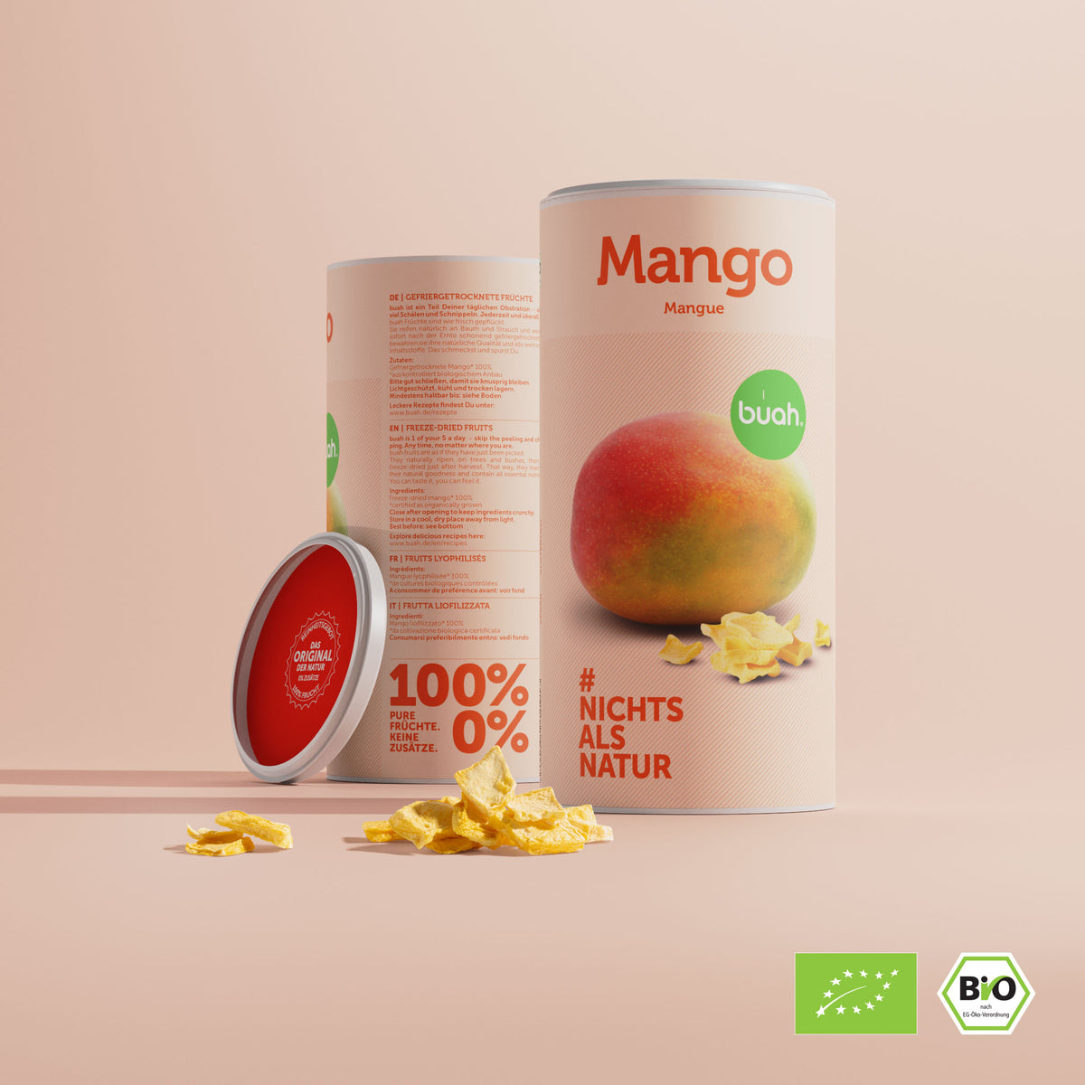 buah gefriergetrocknete Mango in der Dose mit kleinem Haufen gefriergetrockneter Mango im Vordergrund