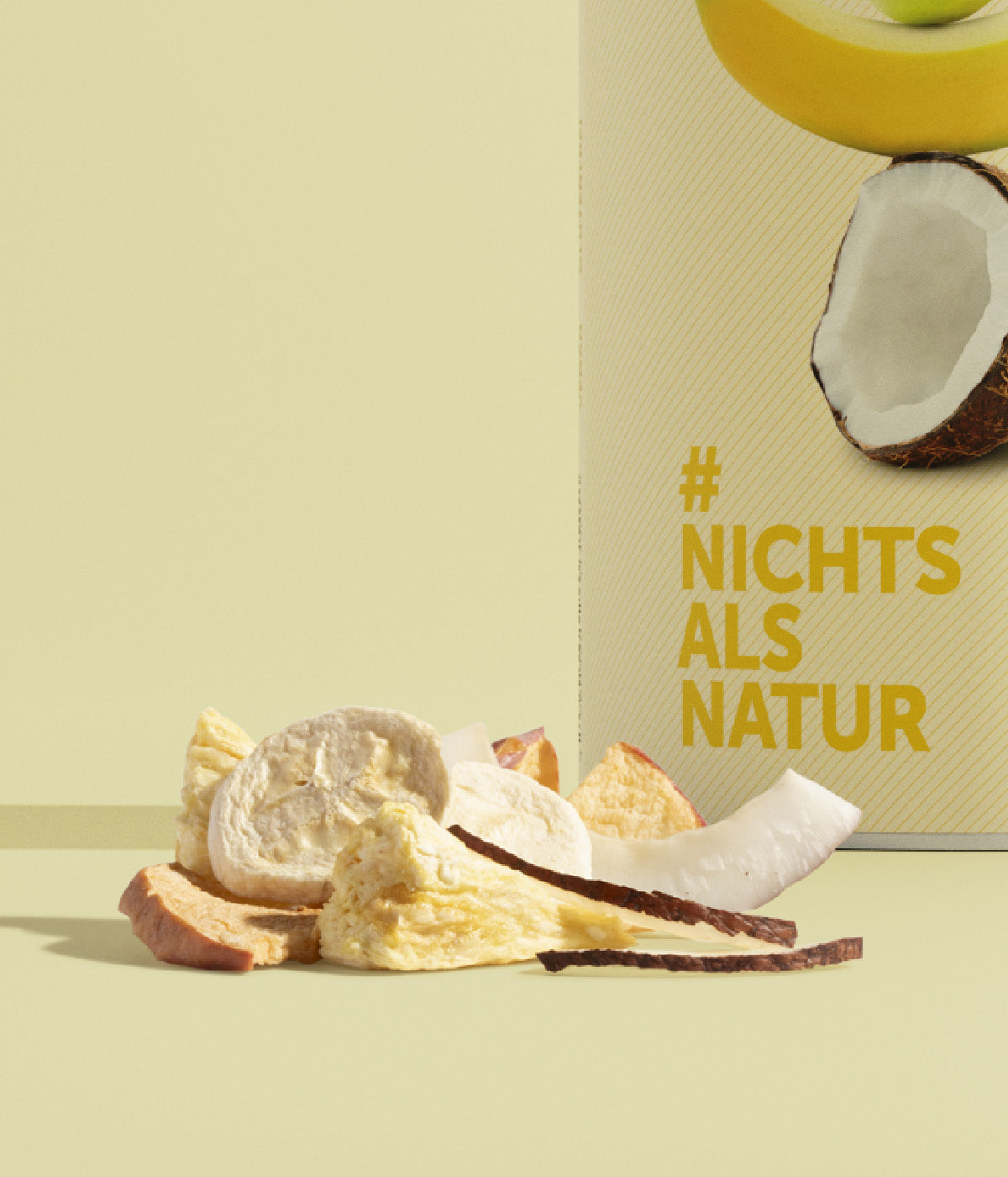 buah Ananas & Friends mit Kokosnuss, Apfel, Ananas und Banane liegt vor einer Dose Ananas & Friends
