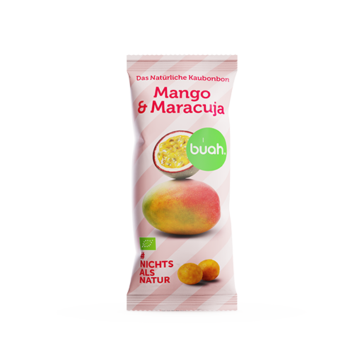 Produktbild der Mango-Maracuja Kaubonbon Verpackung von buah