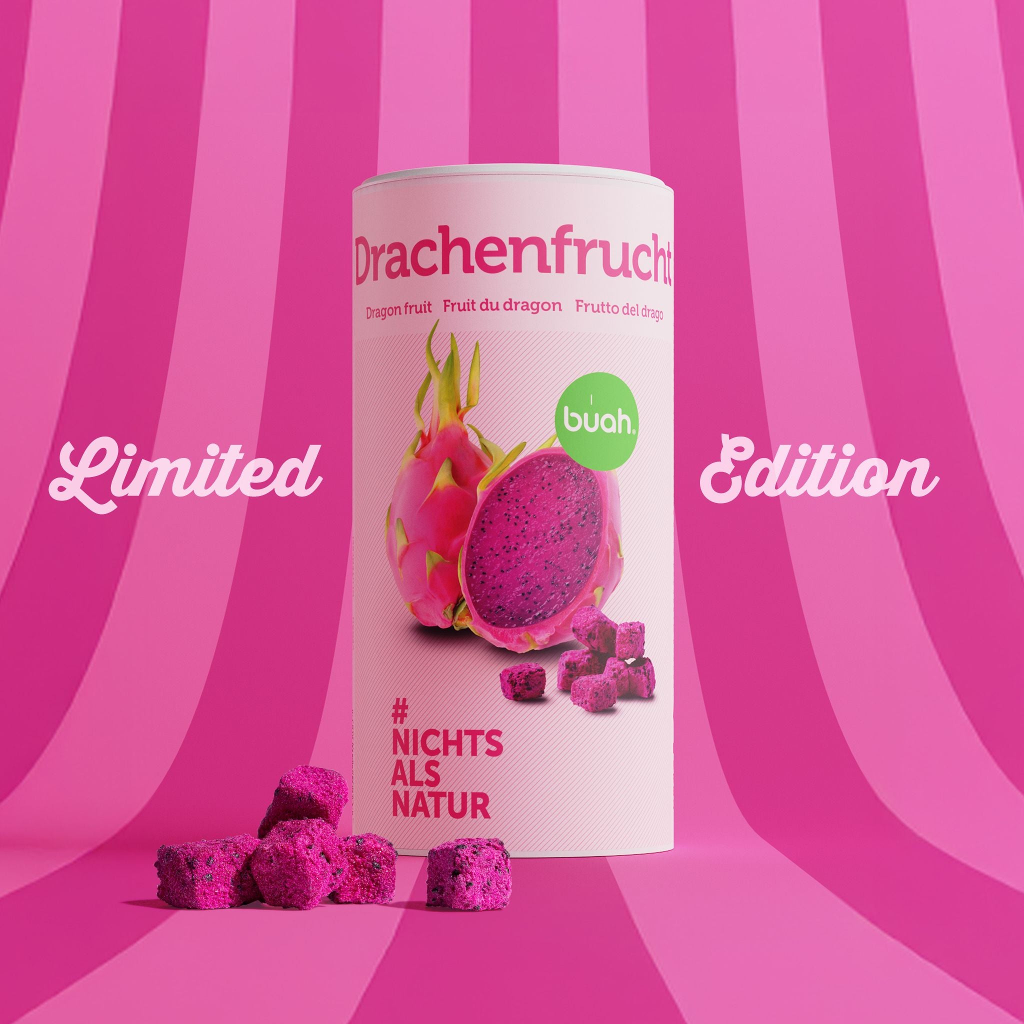 Dose buah gefriergetrockente Drachenfrucht vor einem pink, rosa gestreiftem Hintergrund mit den Worten Limited Edition