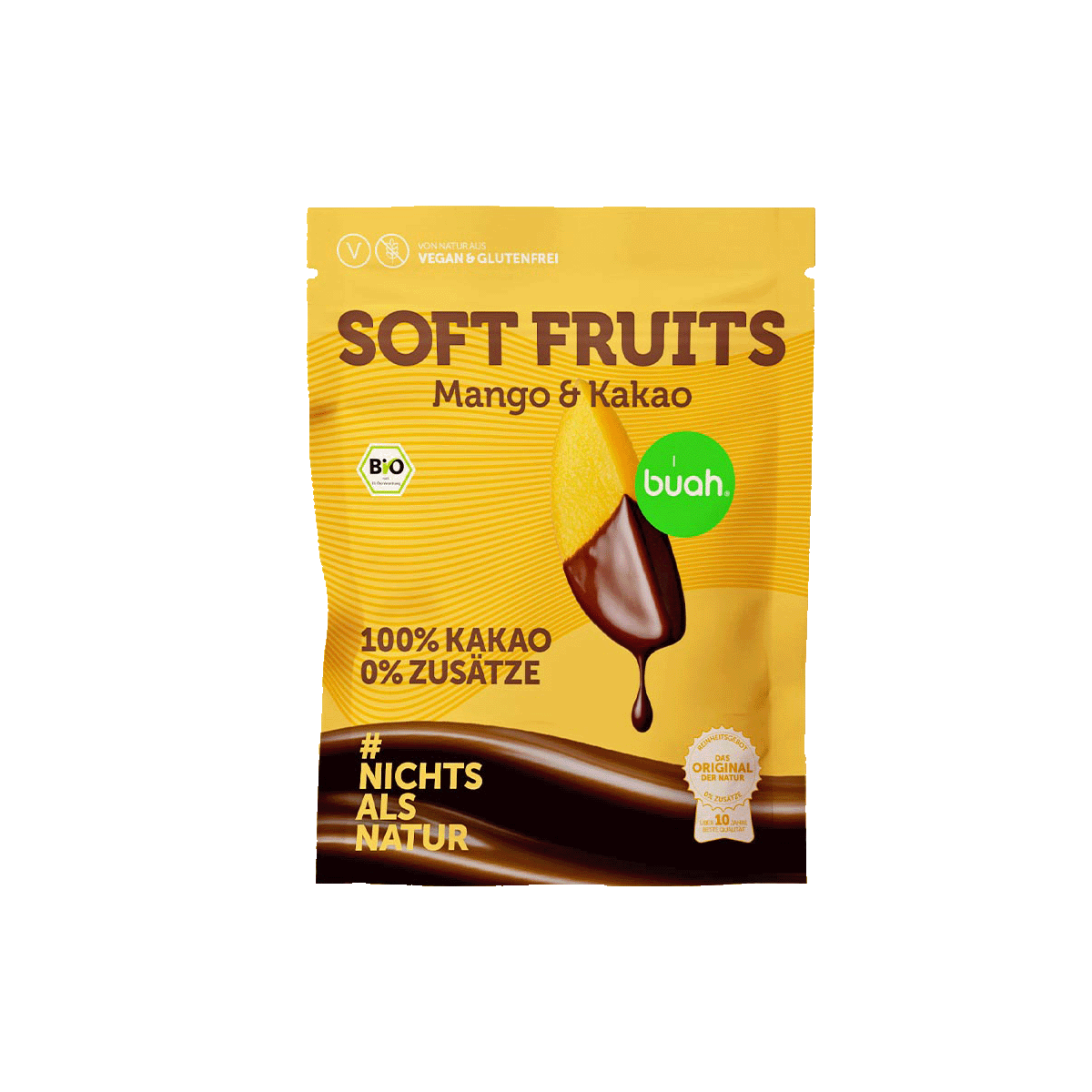 Zwei buah SOFT FRUITS Snackpacks Mango & Kakao vor gelbem Hintergrund. Davor liegen mehrere Mangoscheiben, teils mit dunkler Schokolade überzogen. Auf der Vorderseite steht „100% KAKAO 0% ZUSÄTZE“ und „#NICHTS ALS NATUR“.