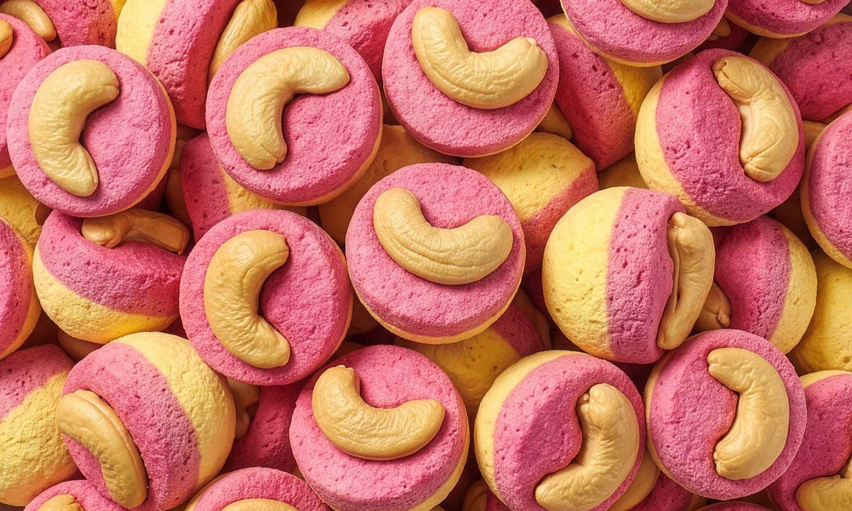 Eine formatfüllende Nahaufnahme von vielen runden, zweifarbigen buah Fruit TRIOS Stücken der Sorte Raspberry, Mango & Cashew. Auf jedem der pink-gelben Fruchtstücke sitzt ein heller Cashewkern.